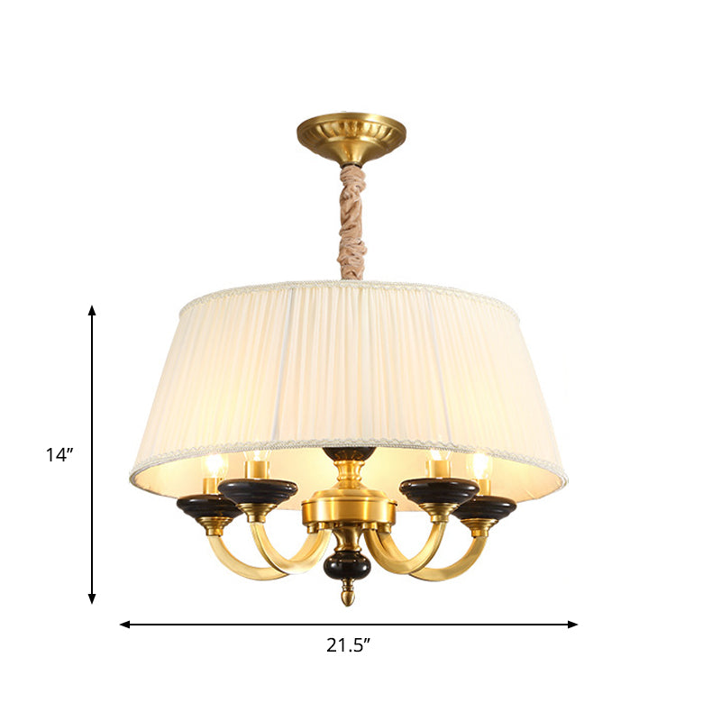 5-Bulb Drum Chandelier Countryside White Finish Fabric Pendant Lamp with Curved Arm Clearhalo 'Ceiling Lights' 'Chandeliers' Lighting' options 786303