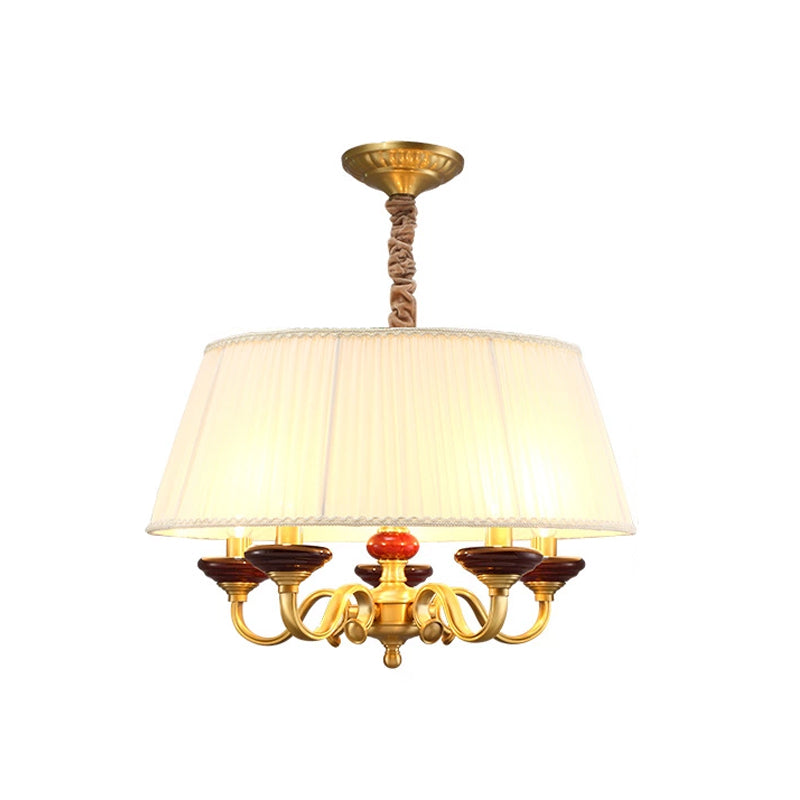 5-Bulb Drum Chandelier Countryside White Finish Fabric Pendant Lamp with Curved Arm Clearhalo 'Ceiling Lights' 'Chandeliers' Lighting' options 786306