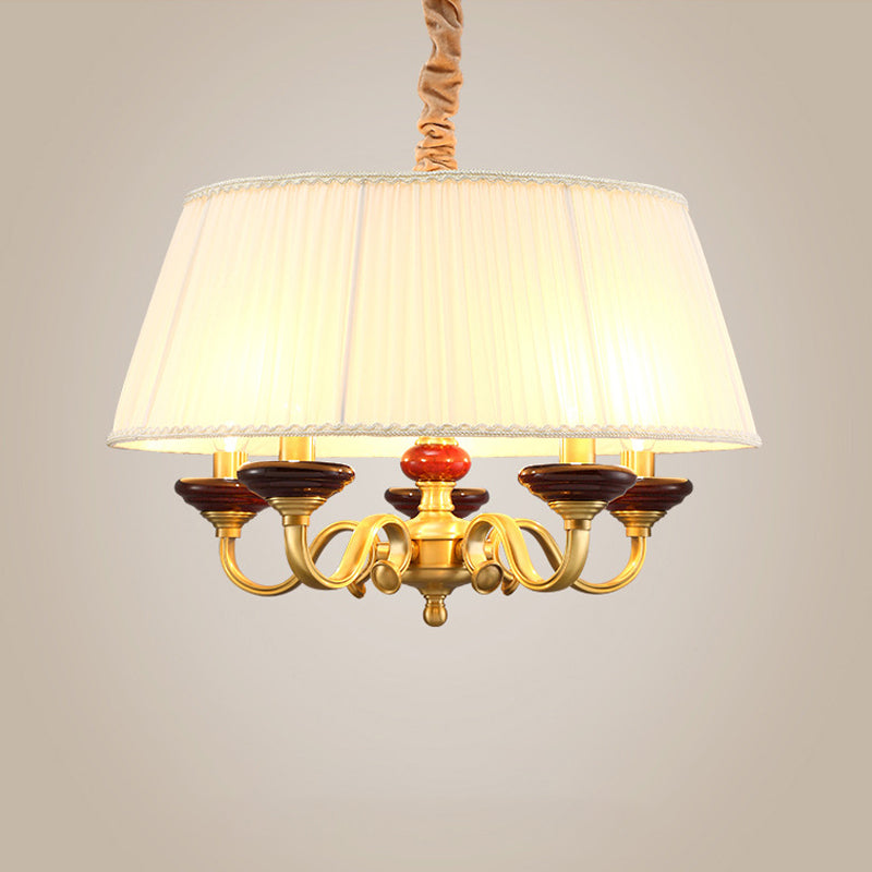 5-Bulb Drum Chandelier Countryside White Finish Fabric Pendant Lamp with Curved Arm Clearhalo 'Ceiling Lights' 'Chandeliers' Lighting' options 786307