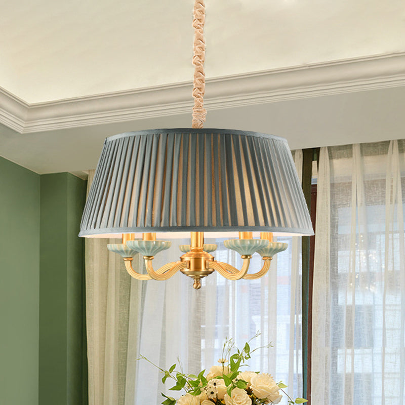 Fabric Pleated Drum Ceiling Chandelier Country 5 -Head Dining Room Hanging Pendant Light in Gray Clearhalo 'Ceiling Lights' 'Chandeliers' Lighting' options 786309