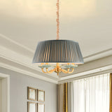 Fabric Pleated Drum Ceiling Chandelier Country 5 -Head Dining Room Hanging Pendant Light in Gray Clearhalo 'Ceiling Lights' 'Chandeliers' Lighting' options 786310