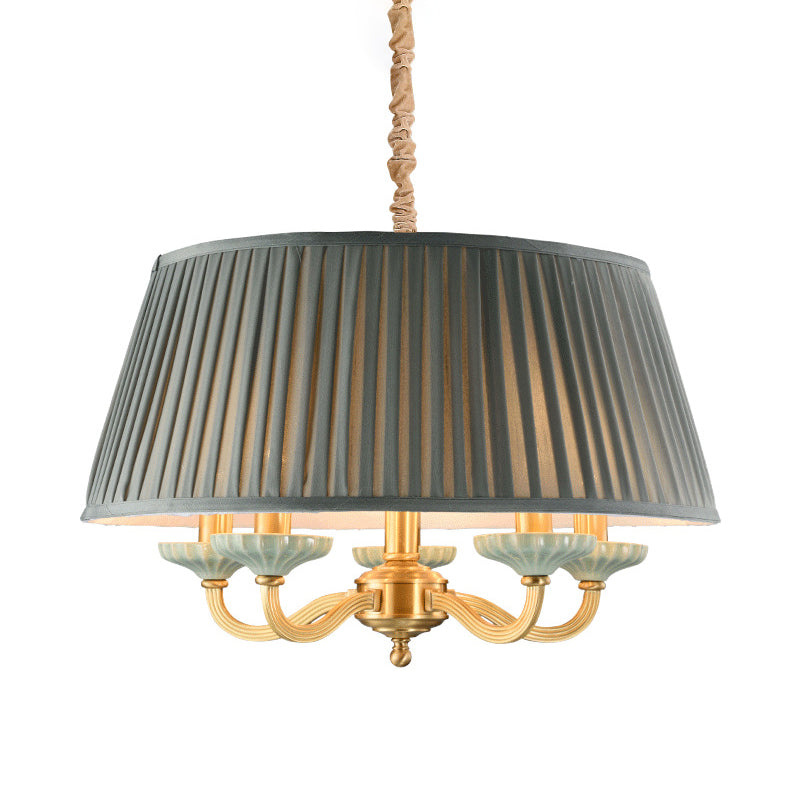 Fabric Pleated Drum Ceiling Chandelier Country 5 -Head Dining Room Hanging Pendant Light in Gray Clearhalo 'Ceiling Lights' 'Chandeliers' Lighting' options 786311