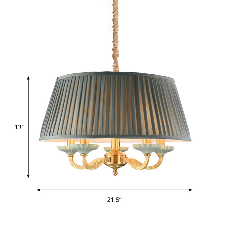 Fabric Pleated Drum Ceiling Chandelier Country 5 -Head Dining Room Hanging Pendant Light in Gray Clearhalo 'Ceiling Lights' 'Chandeliers' Lighting' options 786312