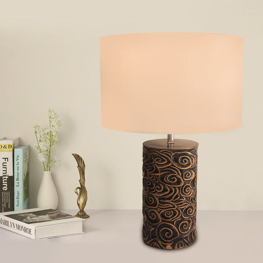 1 Head Resin Table Lighting Vintage Bronze Scroll Patterned Pillar Bedroom Night Lamp with Round Fabric Lamp Shade Bronze Clearhalo 'Lamps' 'Table Lamps' Lighting' 786330