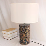 1 Head Resin Table Lighting Vintage Bronze Scroll Patterned Pillar Bedroom Night Lamp with Round Fabric Lamp Shade Clearhalo 'Lamps' 'Table Lamps' Lighting' 786331