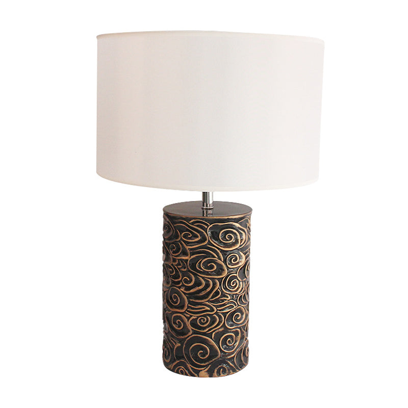 1 Head Resin Table Lighting Vintage Bronze Scroll Patterned Pillar Bedroom Night Lamp with Round Fabric Lamp Shade Clearhalo 'Lamps' 'Table Lamps' Lighting' 786332