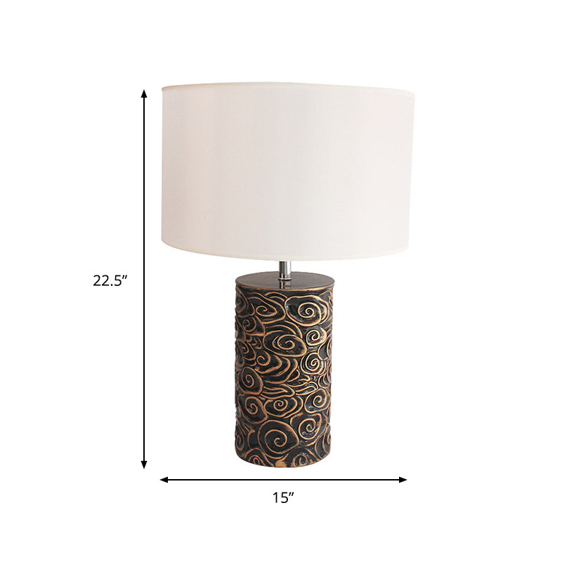 1 Head Resin Table Lighting Vintage Bronze Scroll Patterned Pillar Bedroom Night Lamp with Round Fabric Lamp Shade Clearhalo 'Lamps' 'Table Lamps' Lighting' 786333