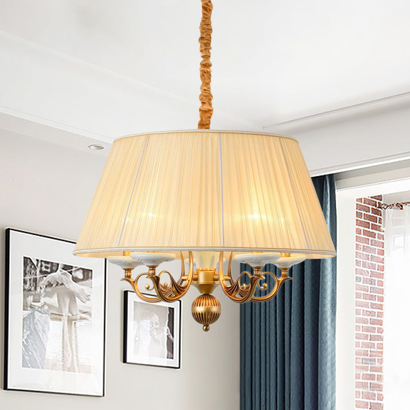 Classic Drum Hanging Chandelier 5 Lights Fabric Drop Pendant in White for Dining Room Clearhalo 'Ceiling Lights' 'Chandeliers' Lighting' options 786348