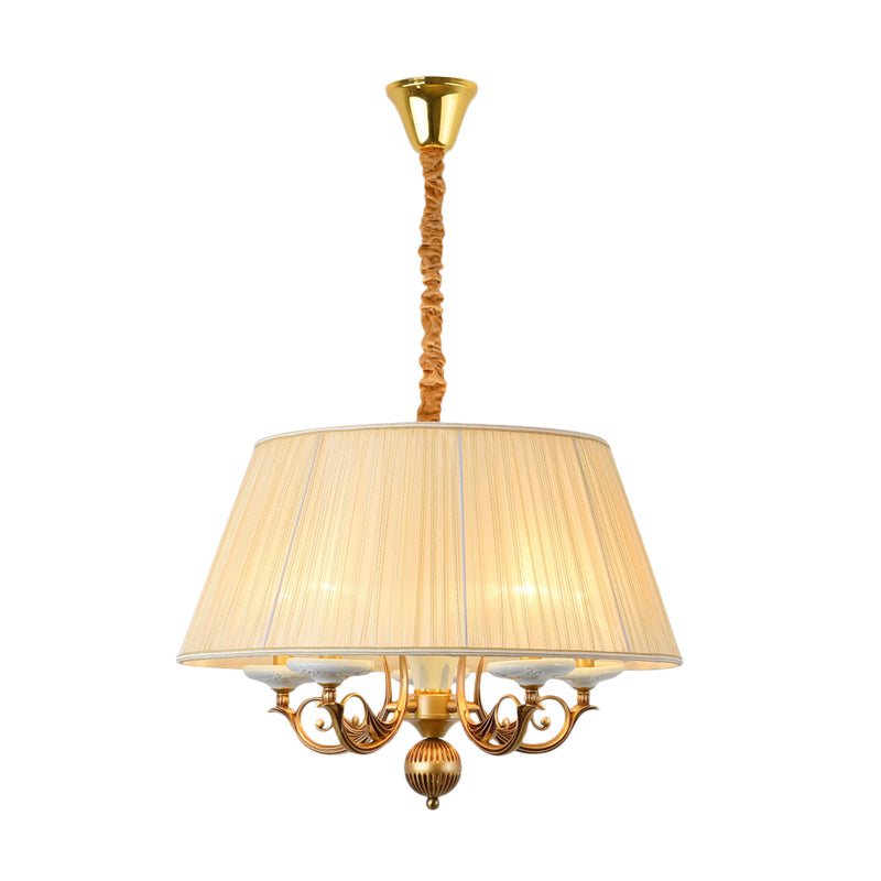 Classic Drum Hanging Chandelier 5 Lights Fabric Drop Pendant in White for Dining Room Clearhalo 'Ceiling Lights' 'Chandeliers' Lighting' options 786349