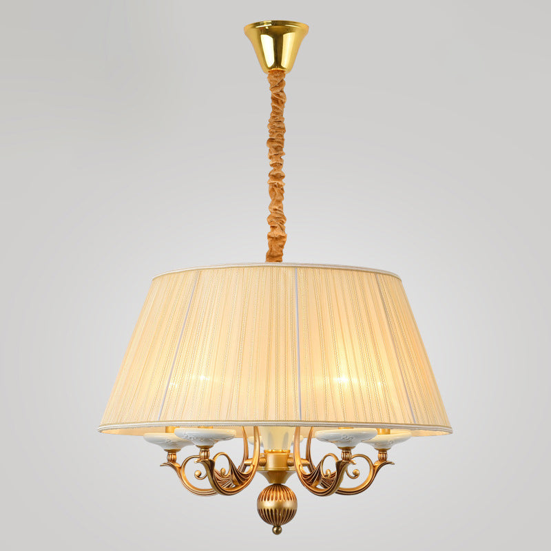 Classic Drum Hanging Chandelier 5 Lights Fabric Drop Pendant in White for Dining Room Clearhalo 'Ceiling Lights' 'Chandeliers' Lighting' options 786350