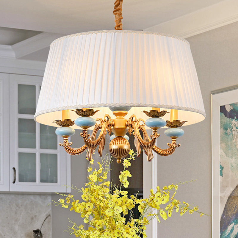 Classic Drum Hanging Chandelier 5 Lights Fabric Drop Pendant in White for Dining Room Clearhalo 'Ceiling Lights' 'Chandeliers' Lighting' options 786352