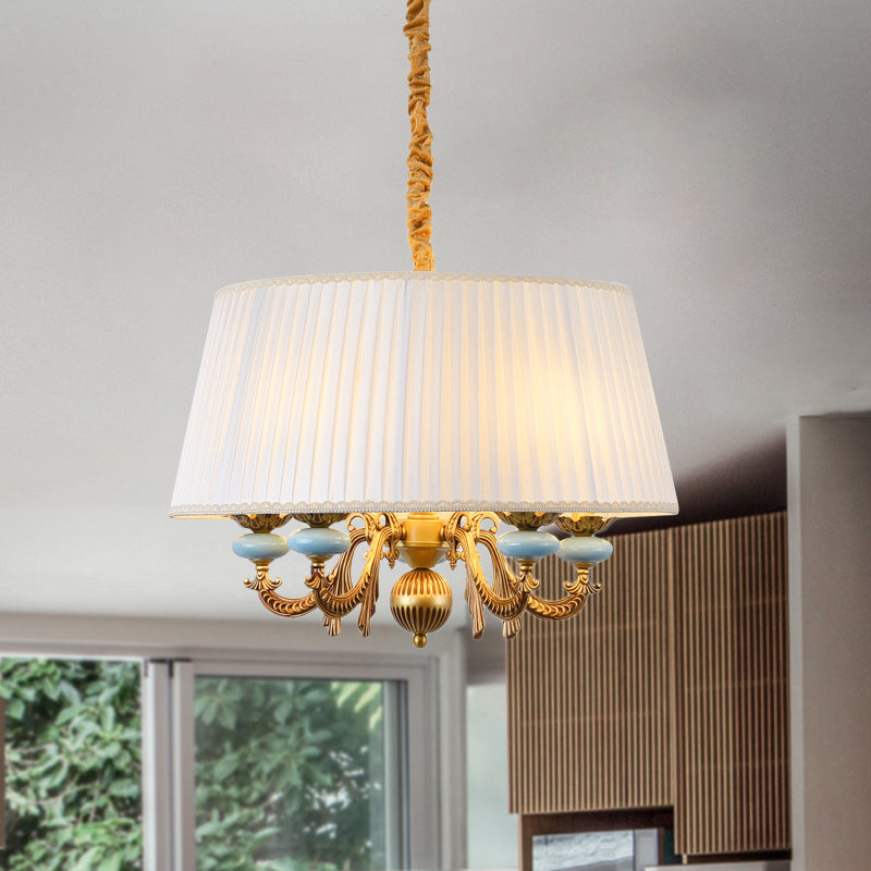 Classic Drum Hanging Chandelier 5 Lights Fabric Drop Pendant in White for Dining Room Clearhalo 'Ceiling Lights' 'Chandeliers' Lighting' options 786353