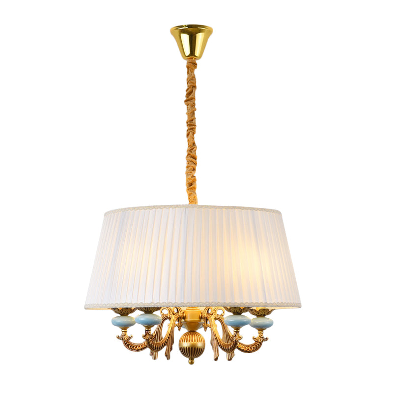 Classic Drum Hanging Chandelier 5 Lights Fabric Drop Pendant in White for Dining Room Clearhalo 'Ceiling Lights' 'Chandeliers' Lighting' options 786355