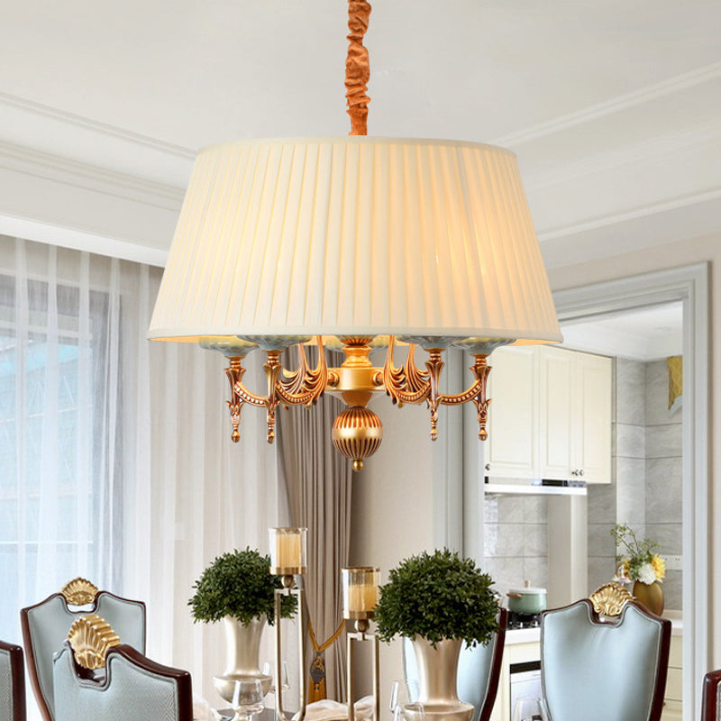 Classic Drum Hanging Chandelier 5 Lights Fabric Drop Pendant in White for Dining Room Clearhalo 'Ceiling Lights' 'Chandeliers' Lighting' options 786357