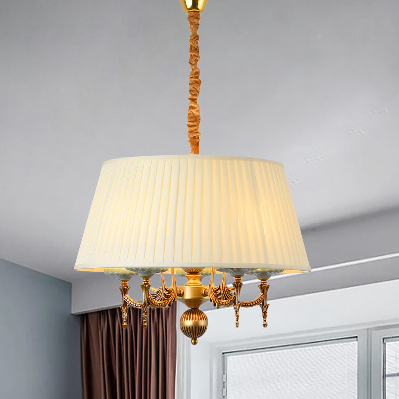 Classic Drum Hanging Chandelier 5 Lights Fabric Drop Pendant in White for Dining Room Clearhalo 'Ceiling Lights' 'Chandeliers' Lighting' options 786358