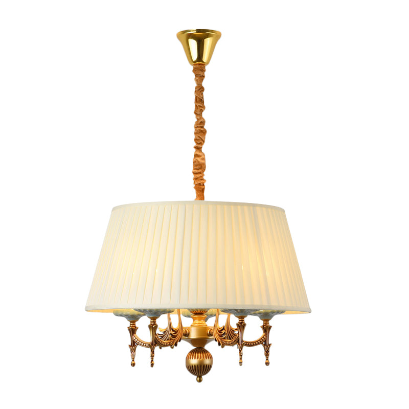 Classic Drum Hanging Chandelier 5 Lights Fabric Drop Pendant in White for Dining Room Clearhalo 'Ceiling Lights' 'Chandeliers' Lighting' options 786359