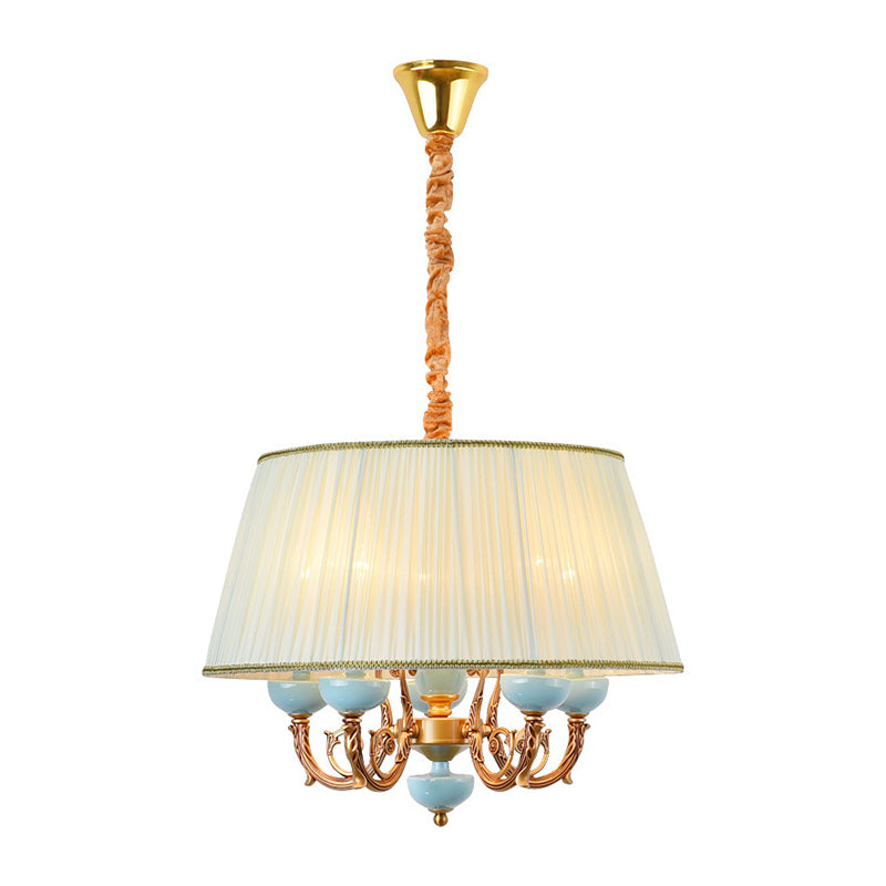 Classic Drum Hanging Chandelier 5 Lights Fabric Drop Pendant in White for Dining Room Clearhalo 'Ceiling Lights' 'Chandeliers' Lighting' options 786364