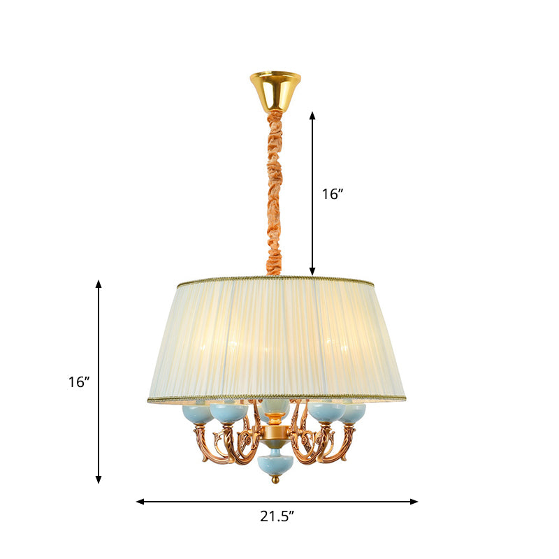 Classic Drum Hanging Chandelier 5 Lights Fabric Drop Pendant in White for Dining Room Clearhalo 'Ceiling Lights' 'Chandeliers' Lighting' options 786365