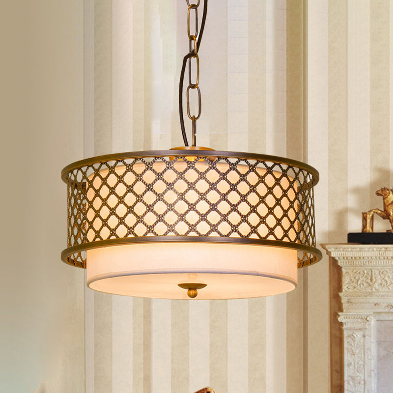 3 Bulbs Chandelier Lamp Rustic Living Room Metallic Pendant Light Kit with Drum Fabric Shade in Brass Brass Clearhalo 'Ceiling Lights' 'Chandeliers' Lighting' options 786370_a2d35b4d-a486-4e2c-96f4-5cdf62aa6b3e