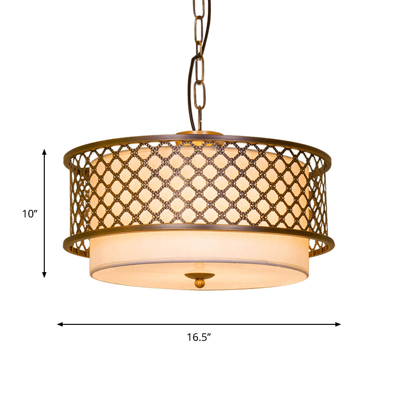 3 Bulbs Chandelier Lamp Rustic Living Room Metallic Pendant Light Kit with Drum Fabric Shade in Brass Clearhalo 'Ceiling Lights' 'Chandeliers' Lighting' options 786373