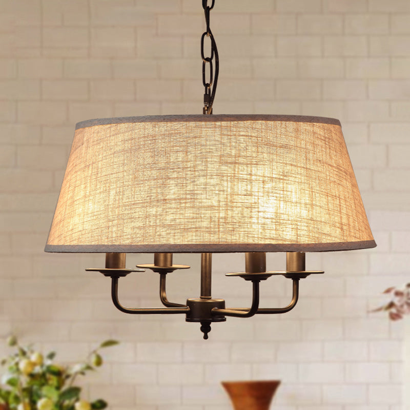 4 Lights Fabric Chandelier Light Rural Style Beige/Green Tapered Drum Dining Room Drop Pendant Clearhalo 'Ceiling Lights' 'Chandeliers' Lighting' options 786392