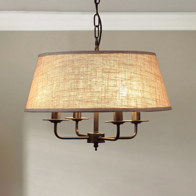 4 Lights Fabric Chandelier Light Rural Style Beige/Green Tapered Drum Dining Room Drop Pendant Clearhalo 'Ceiling Lights' 'Chandeliers' Lighting' options 786393