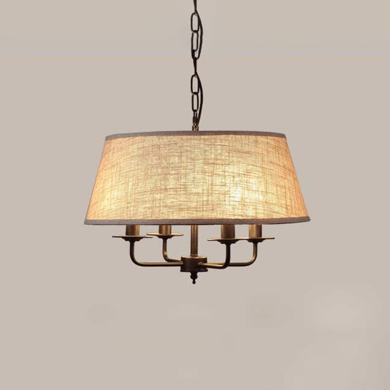 4 Lights Fabric Chandelier Light Rural Style Beige/Green Tapered Drum Dining Room Drop Pendant Clearhalo 'Ceiling Lights' 'Chandeliers' Lighting' options 786395