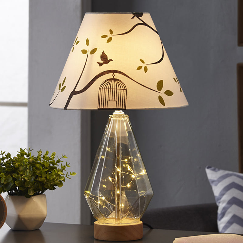 Clear Glass Urn/Diamond Night Lamp Contemporary 1-Bulb Bedroom Table Light with Cone Printing Fabric Shade White A Clearhalo 'Lamps' 'Table Lamps' Lighting' 786404