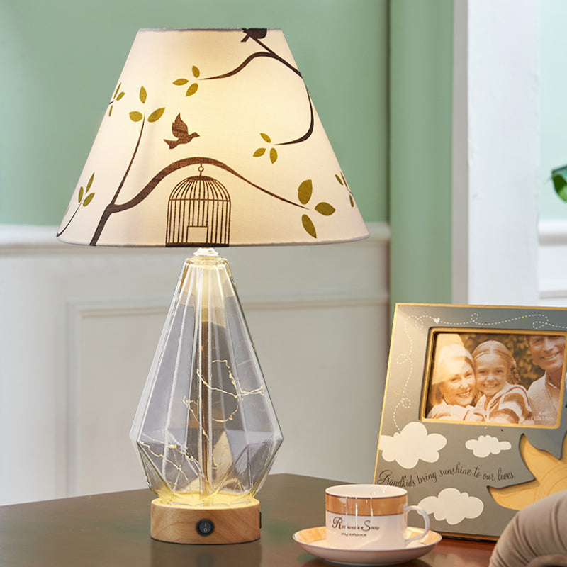 Clear Glass Urn/Diamond Night Lamp Contemporary 1-Bulb Bedroom Table Light with Cone Printing Fabric Shade Clearhalo 'Lamps' 'Table Lamps' Lighting' 786405