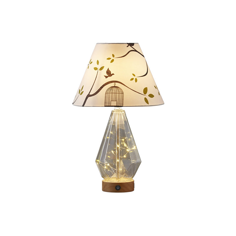 Clear Glass Urn/Diamond Night Lamp Contemporary 1-Bulb Bedroom Table Light with Cone Printing Fabric Shade Clearhalo 'Lamps' 'Table Lamps' Lighting' 786406
