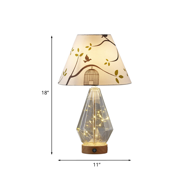 Clear Glass Urn/Diamond Night Lamp Contemporary 1-Bulb Bedroom Table Light with Cone Printing Fabric Shade Clearhalo 'Lamps' 'Table Lamps' Lighting' 786407