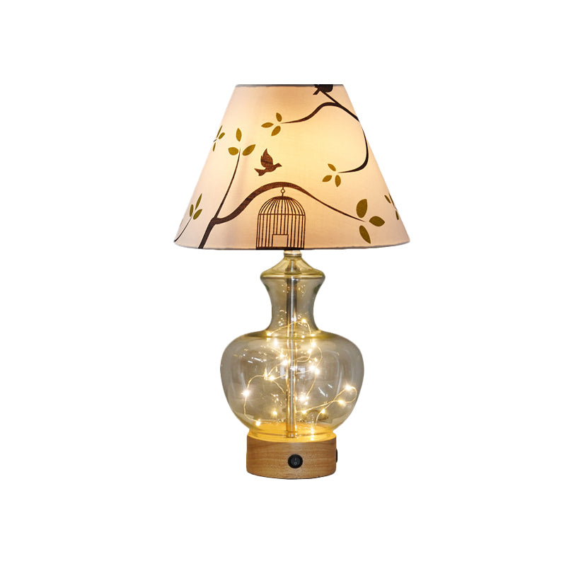Clear Glass Urn/Diamond Night Lamp Contemporary 1-Bulb Bedroom Table Light with Cone Printing Fabric Shade Clearhalo 'Lamps' 'Table Lamps' Lighting' 786411