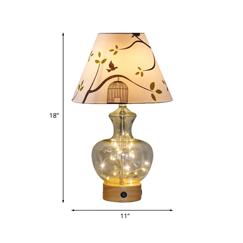 Clear Glass Urn/Diamond Night Lamp Contemporary 1-Bulb Bedroom Table Light with Cone Printing Fabric Shade Clearhalo 'Lamps' 'Table Lamps' Lighting' 786412