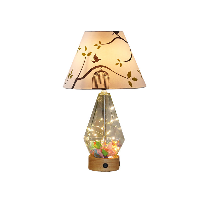 Clear Glass Urn/Diamond Night Lamp Contemporary 1-Bulb Bedroom Table Light with Cone Printing Fabric Shade Clearhalo 'Lamps' 'Table Lamps' Lighting' 786416
