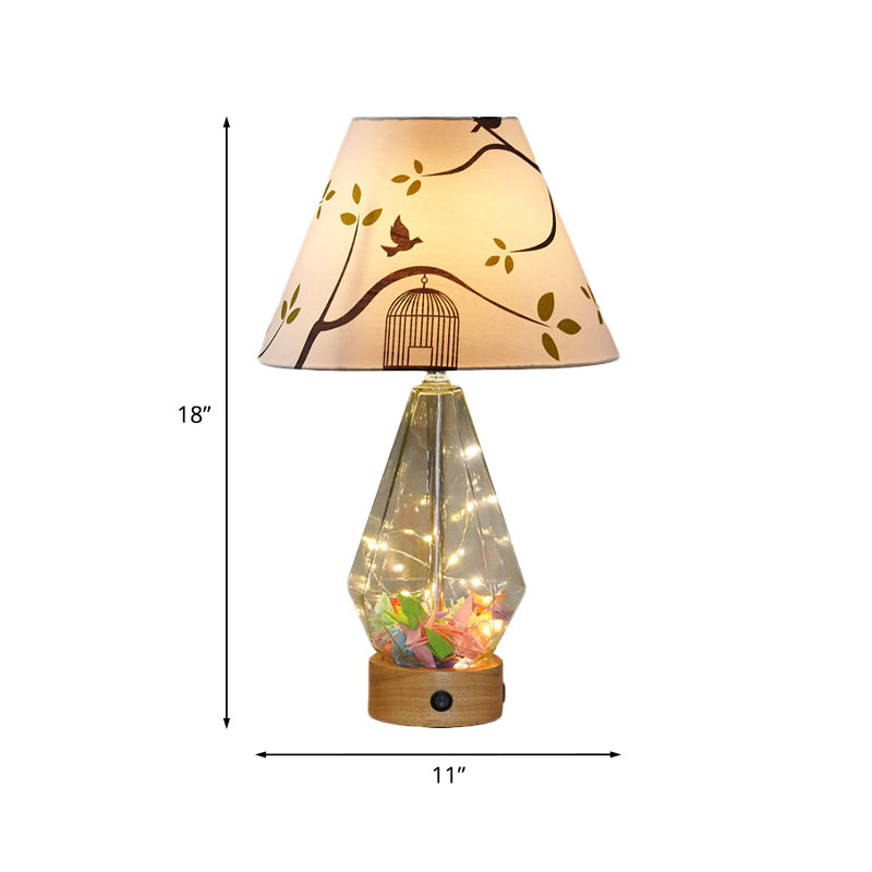 Clear Glass Urn/Diamond Night Lamp Contemporary 1-Bulb Bedroom Table Light with Cone Printing Fabric Shade Clearhalo 'Lamps' 'Table Lamps' Lighting' 786417