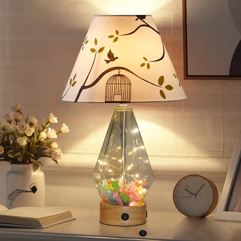 Clear Glass Urn/Diamond Night Lamp Contemporary 1-Bulb Bedroom Table Light with Cone Printing Fabric Shade White D Clearhalo 'Lamps' 'Table Lamps' Lighting' 786418