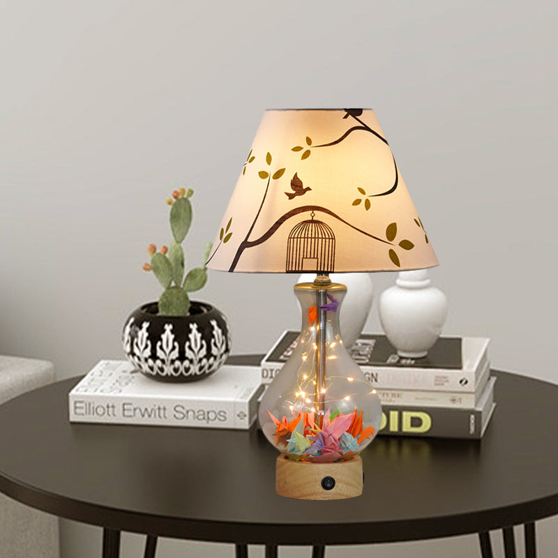 Clear Glass Urn/Diamond Night Lamp Contemporary 1-Bulb Bedroom Table Light with Cone Printing Fabric Shade Clearhalo 'Lamps' 'Table Lamps' Lighting' 786419