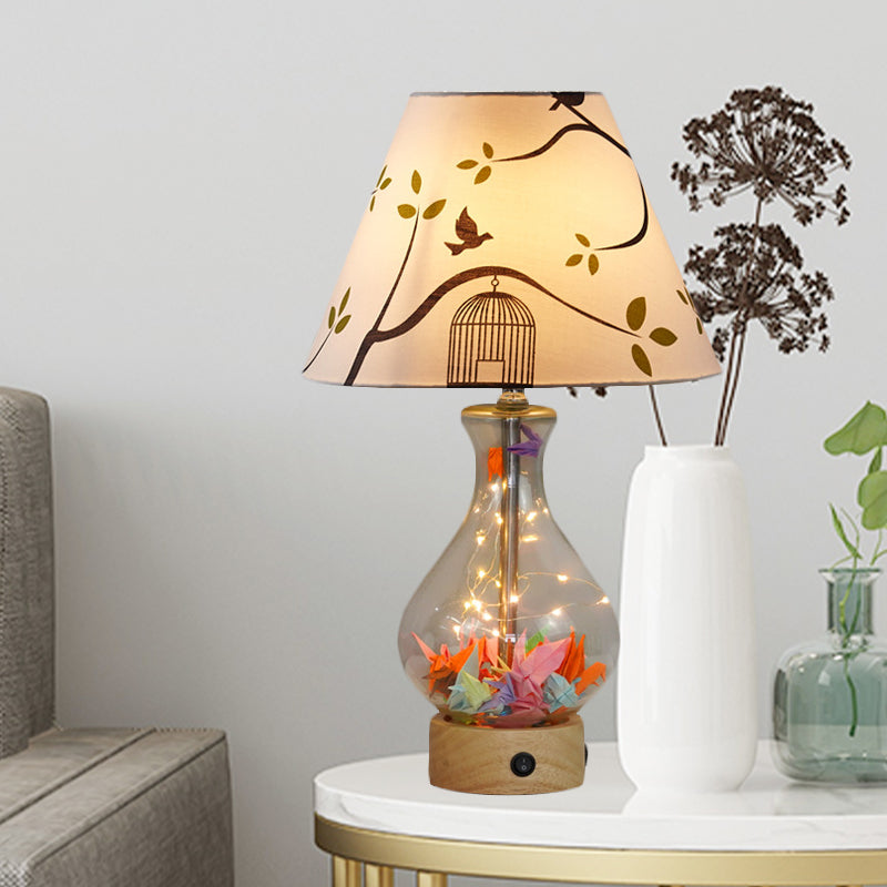Clear Glass Urn/Diamond Night Lamp Contemporary 1-Bulb Bedroom Table Light with Cone Printing Fabric Shade Clearhalo 'Lamps' 'Table Lamps' Lighting' 786420