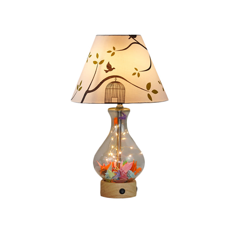 Clear Glass Urn/Diamond Night Lamp Contemporary 1-Bulb Bedroom Table Light with Cone Printing Fabric Shade Clearhalo 'Lamps' 'Table Lamps' Lighting' 786421