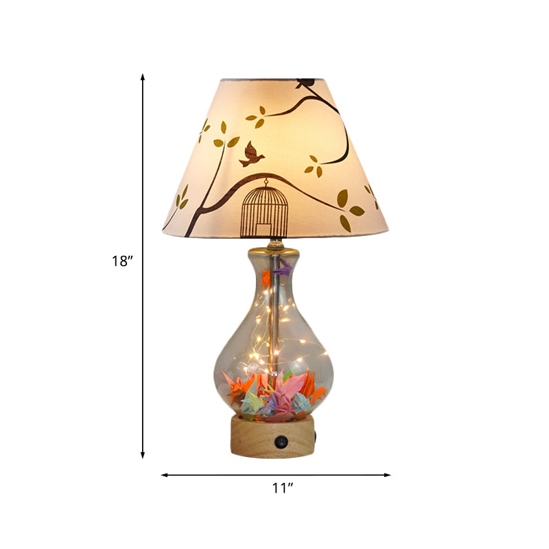 Clear Glass Urn/Diamond Night Lamp Contemporary 1-Bulb Bedroom Table Light with Cone Printing Fabric Shade Clearhalo 'Lamps' 'Table Lamps' Lighting' 786422