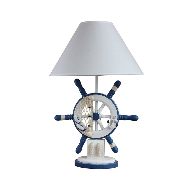 Wood Rudder Shape Night Table Light Mediterranean Style Single Blue Night Lamp with Cone Fabric Shade Clearhalo 'Lamps' 'Table Lamps' Lighting' 786424