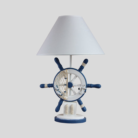 Wood Rudder Shape Night Table Light Mediterranean Style Single Blue Night Lamp with Cone Fabric Shade Clearhalo 'Lamps' 'Table Lamps' Lighting' 786425