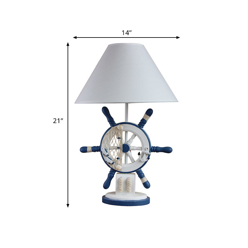 Wood Rudder Shape Night Table Light Mediterranean Style Single Blue Night Lamp with Cone Fabric Shade Clearhalo 'Lamps' 'Table Lamps' Lighting' 786426
