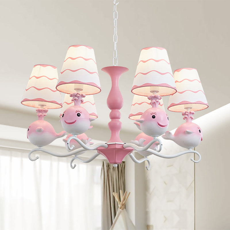 Blue/Pink Whale Shaped Chandelier Light Cartoon 6 Heads Resin Radial Pendant Lamp Fixture with Cone Fabric Shade Clearhalo 'Ceiling Lights' 'Chandeliers' Lighting' options 786431