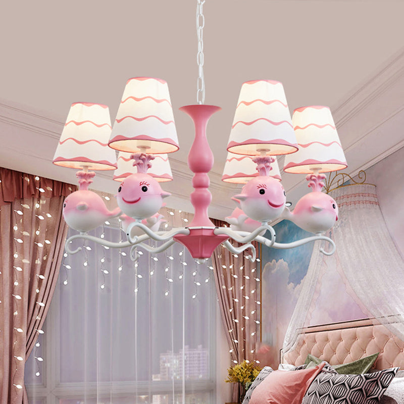 Blue/Pink Whale Shaped Chandelier Light Cartoon 6 Heads Resin Radial Pendant Lamp Fixture with Cone Fabric Shade Clearhalo 'Ceiling Lights' 'Chandeliers' Lighting' options 786432