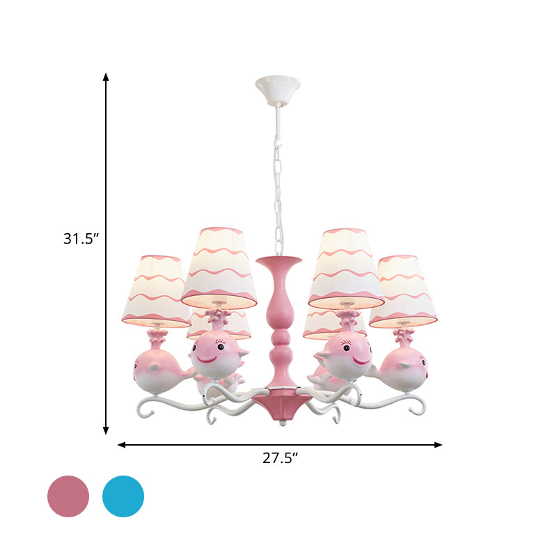 Blue/Pink Whale Shaped Chandelier Light Cartoon 6 Heads Resin Radial Pendant Lamp Fixture with Cone Fabric Shade Clearhalo 'Ceiling Lights' 'Chandeliers' Lighting' options 786434