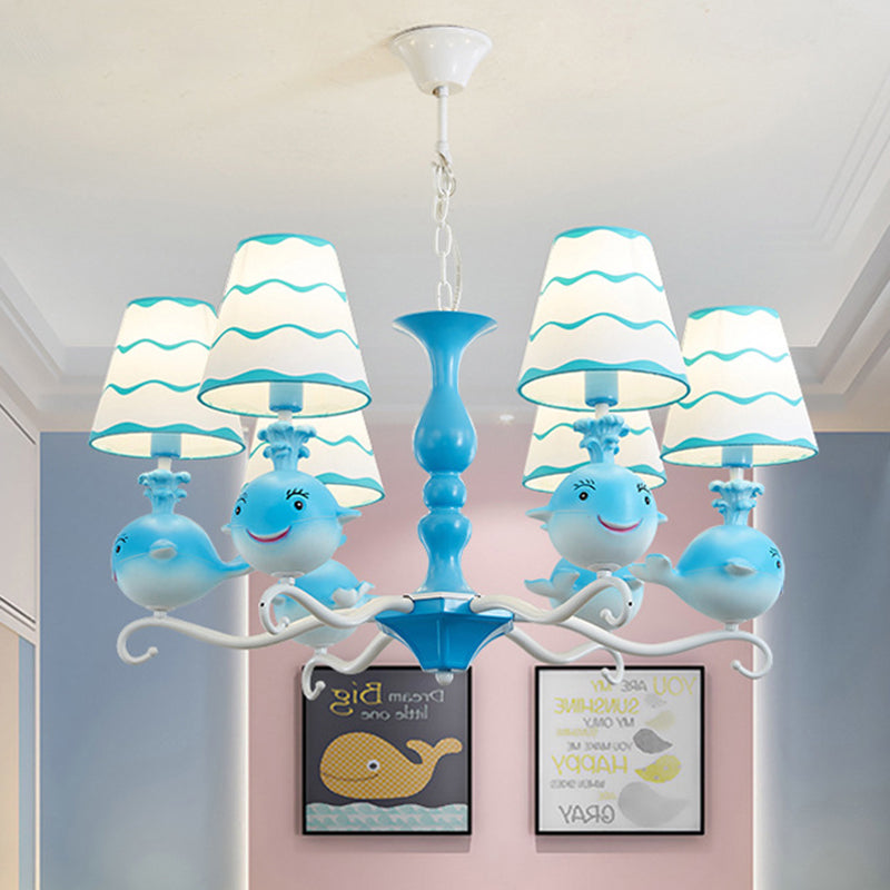 Blue/Pink Whale Shaped Chandelier Light Cartoon 6 Heads Resin Radial Pendant Lamp Fixture with Cone Fabric Shade Clearhalo 'Ceiling Lights' 'Chandeliers' Lighting' options 786435