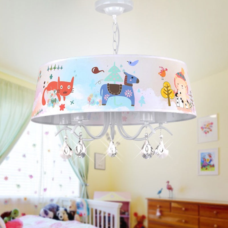 Fabric Drum Ceiling Chandelier Cartoon 5 Lights Blue Hanging Lamp Kit with Animals Pattern and Crystal Droplet Clearhalo 'Ceiling Lights' 'Chandeliers' Lighting' options 786439