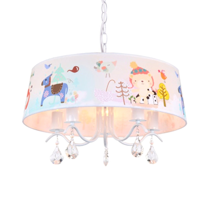 Fabric Drum Ceiling Chandelier Cartoon 5 Lights Blue Hanging Lamp Kit with Animals Pattern and Crystal Droplet Clearhalo 'Ceiling Lights' 'Chandeliers' Lighting' options 786440