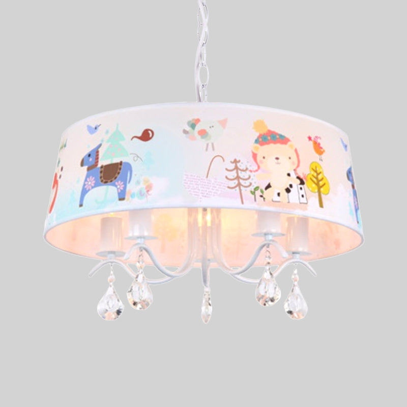 Fabric Drum Ceiling Chandelier Cartoon 5 Lights Blue Hanging Lamp Kit with Animals Pattern and Crystal Droplet Clearhalo 'Ceiling Lights' 'Chandeliers' Lighting' options 786441